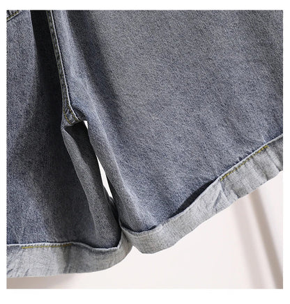Plus Size Shorts For Women 2024 Summer New Arrivals High Elastic Waist Crimping Wide Leg Loose Streetwear Blue Jeans Shorts