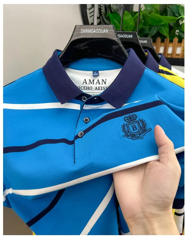 Light luxury brand short sleeve men's POLO shirt summer fashion personality striped badge top breathable ice silk casual T-shirt