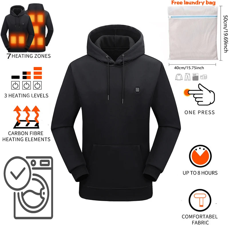 New Intelligent USB Heating Hoodie for Men Women Winter 7 Areas Coral Fleece Hooded Heated Clothes Outdoor Thermal Sportswear