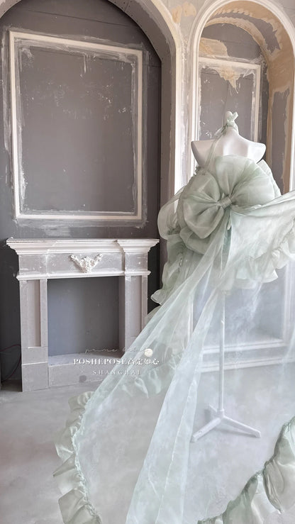 High Street Women's Mint Green Strapless Bowknot Sweet Fairy Organza Dress 2024 New Elegant Big Bow Trailing Party Wedding Dress