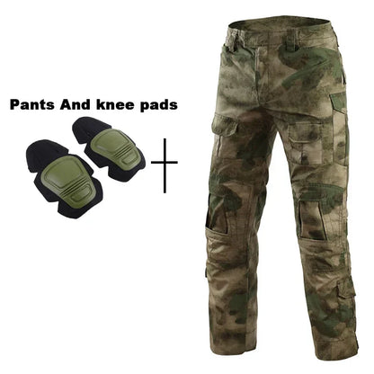 Outdoor Tactical Uniform Military Camo Hiking Training Shirts Workwear Cargo Pants+Pads Airsoft Paintball Hunting Clothes Sets