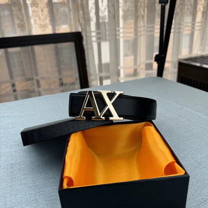 2026 Designer Men's Belt - AX Letter Buckle, 3.8cm Wide, Lychee Pattern, Plain Weave, High-End Fashion, Premium Leather Waistban