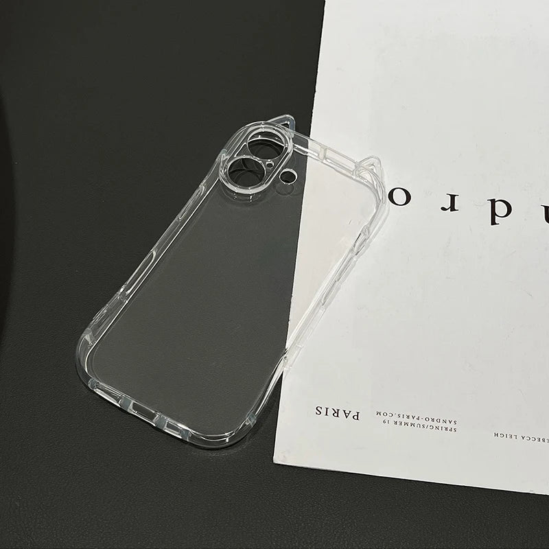 Cute Cat 3D Ears Transparent Phone Case For iPhone 17 Pro Max Air 16 15 13 11 12 14 Plus Soft Clear TPU Back Cover Shell