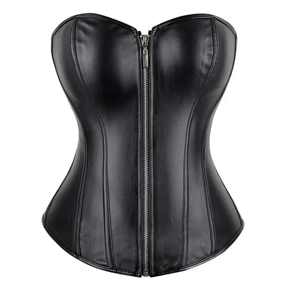 Red Black PU Leather Bustier Tops Zipper Steampunk Corset  Korset Overbust Body Shaper Women Sexy Basque