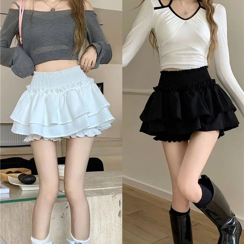 Korean Fashion Mini Skirt Women Elastic High Waist Ruffle Layered Balletcore Sexy Cute Lolita Y2K Short Skirt