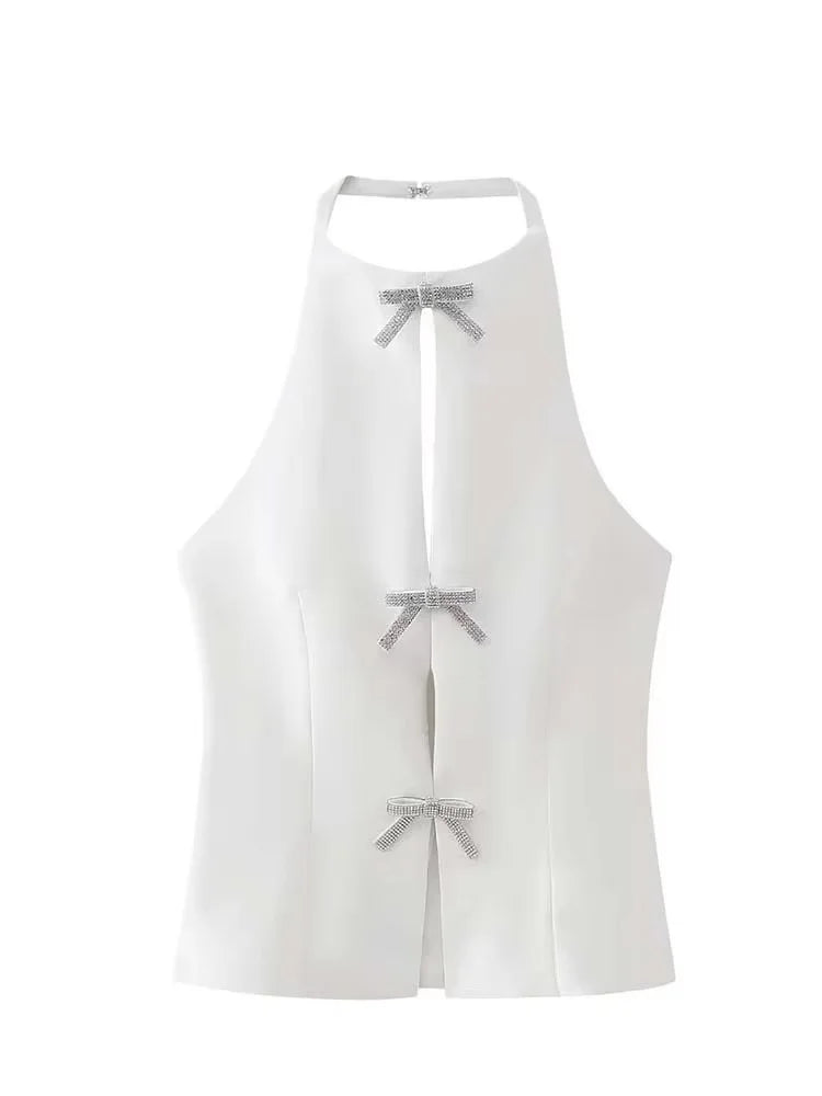 Summer Top Female Jewelry Bow Decoration Hanging Neck Collar Sleeveless Top 2025 Women's Pretty Sling Top