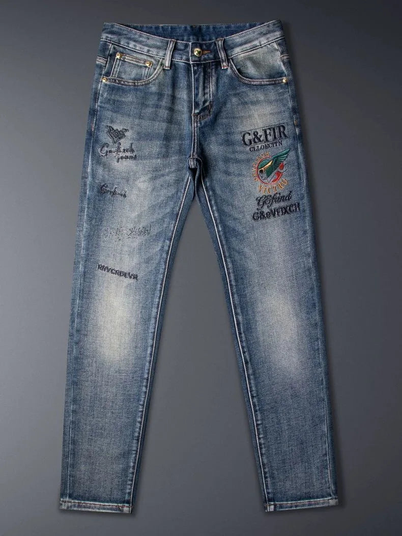 Calça Jeans Masculina Reta Vintage Americana Estampada Tendência Primavera Outono Nova Moda Calça Jeans Stretch Esportiva Casual 28-36