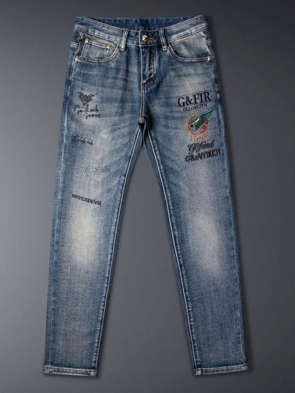 Calça Jeans Masculina Reta Vintage Americana Estampada Tendência Primavera Outono Nova Moda Calça Jeans Stretch Esportiva Casual 28-36