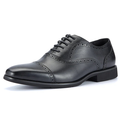 Men's Genuine Leather Brogue Oxfords, Business Formal Dress Shoes with Soft Rubber Sole