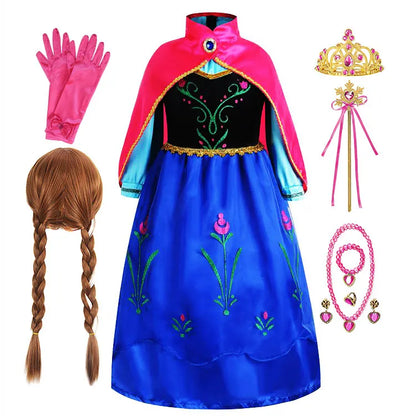 2026 Anna inspired Princess Dress with Fuchsia Cape Girls Snow Queen Elsa's Sister Costume Play Toddler Carnival Royal Frocks