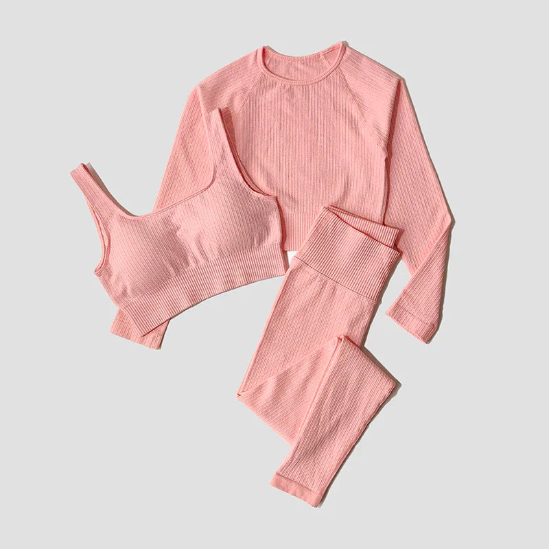Women's Sportswear Yoga Set Workout Clothes Athletic Wear Sports Gym Legging Seamless Fitness Bra Crop Top Long Sleeve Yoga Suit