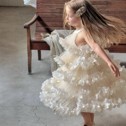 2025 Spring Summer New Children Clothing Girls Neck Hanging Flower Layered Long Dress Korean Children Birthday Princess Dress