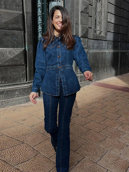 Waist Cinching Split Top Single Breasted Slim Flared Pants Woman Sets Patchwork Jeans Flounce Denim Jacket Casual Women's Suits