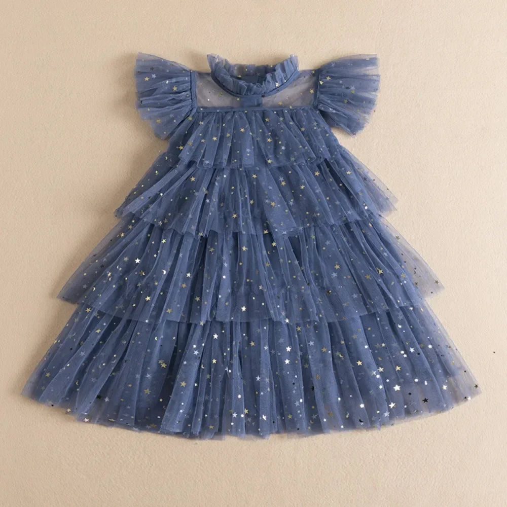 Summer Sweet and Cute Children's Clothing Sequin Decoration Mesh Cake Dress Birthday Party Girls' Dress New Year