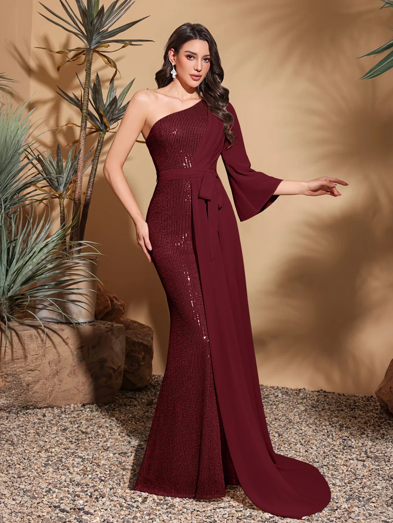 Sequined one-shoulder chiffon patchwork belt-decorated hip dress