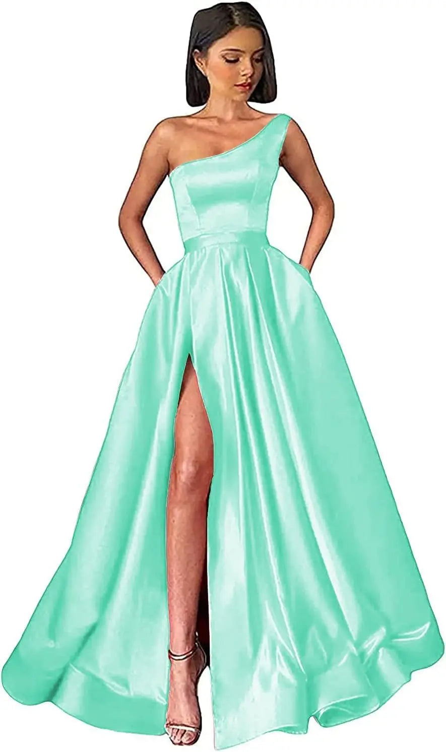 Women's One Shoulder Prom Dresses with Pocket High Slit Pleated Satin Corset Formal Gowns Evening Dress A Line Bridesmaid Gown
