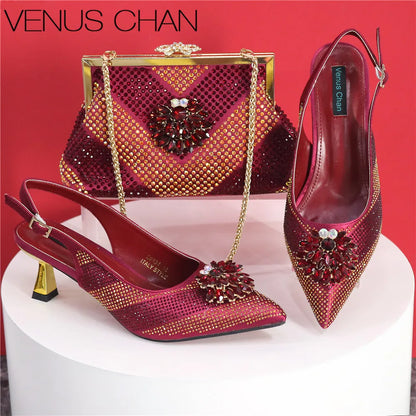 Italian Design Rhinestone Luxury Green Colour Pointed Toe Shoe & Bag Set Women's High Heels for Parties High Quality