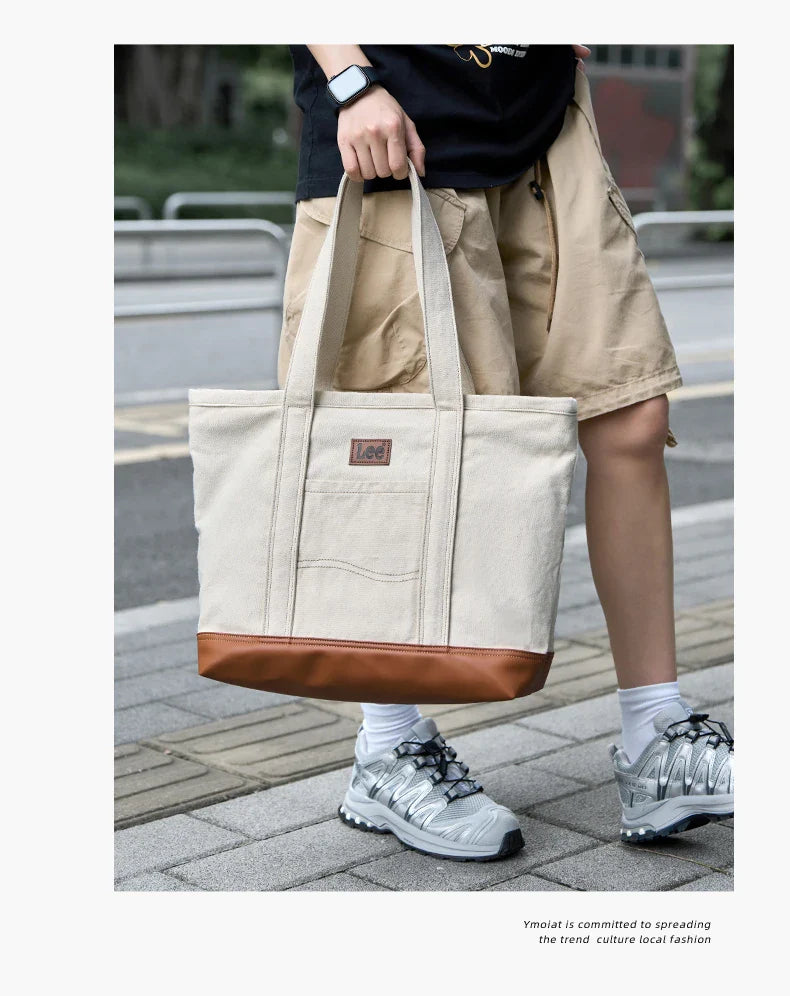 Unisex Utility Canvas Leather Zipper Tote Bag Casual Denim Daily Shopping Handbag Women Man Durable Student School Book Bag