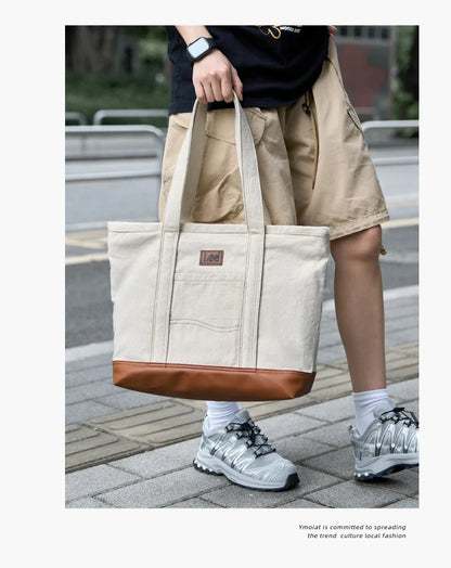 Unisex Utility Canvas Leather Zipper Tote Bag Casual Denim Daily Shopping Handbag Women Man Durable Student School Book Bag