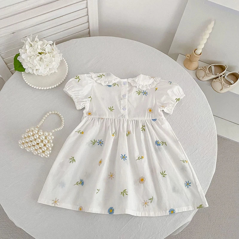 2026 Girls Dress Korean Edition Summer New 2-6Yrs Cotton Embroidered Flower Short Sleeve Girls' Dress Cute Dress