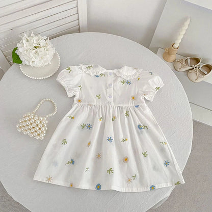 2026 Girls Dress Korean Edition Summer New 2-6Yrs Cotton Embroidered Flower Short Sleeve Girls' Dress Cute Dress
