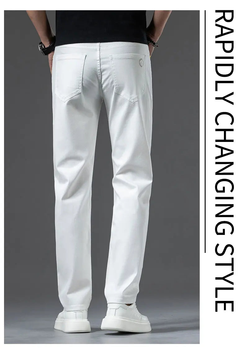 2024 New Men's Khaki White Cotton Stretch Slim Smart Jeans Casual Straight Business Fashion Beige Brand Denim Trousers