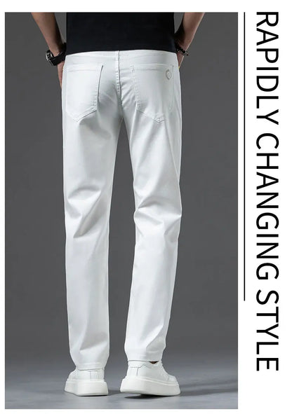 2024 New Men's Khaki White Cotton Stretch Slim Smart Jeans Casual Straight Business Fashion Beige Brand Denim Trousers