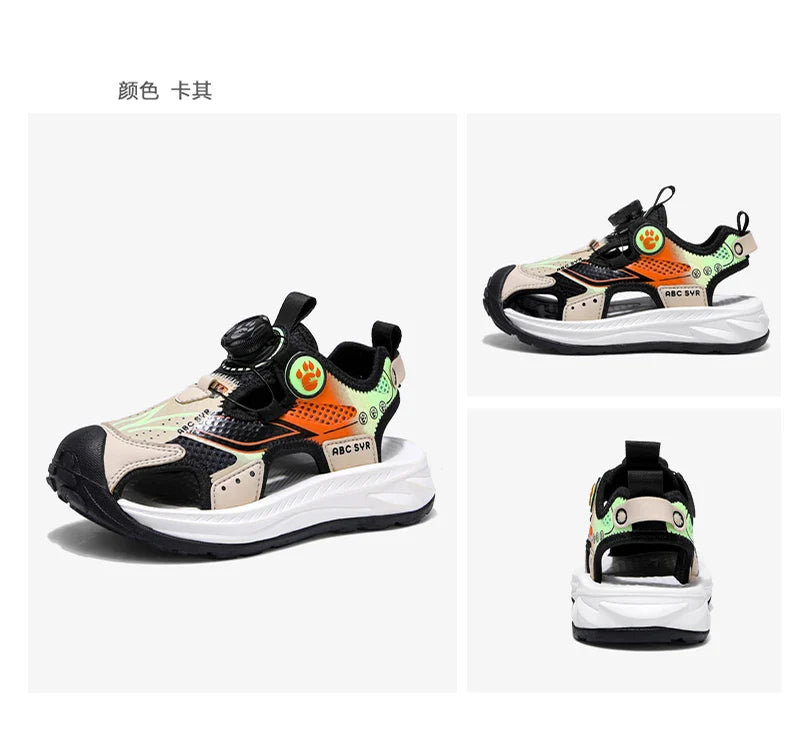 Kids Rotating Button Closed-Toe Sandals, Breathable Mesh Sport Shoes for Boys, Non-Slip Adjustable Summer Beach Sneakers