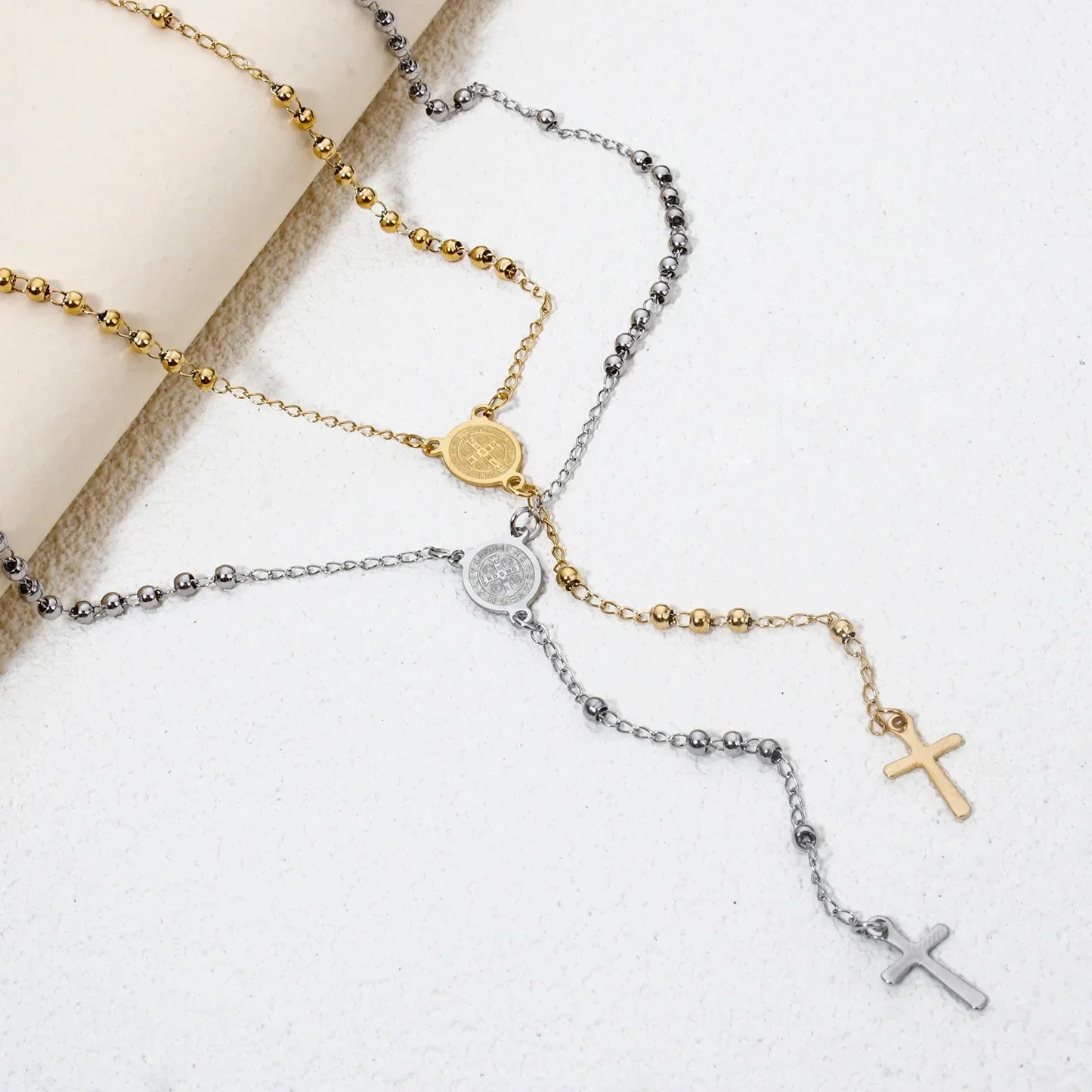 1 Piece Religious 304 Stainless Steel Prayer Beads Rosary Necklace Cross Pendant For Women Jewelry Gifts 52cm(20.5") long