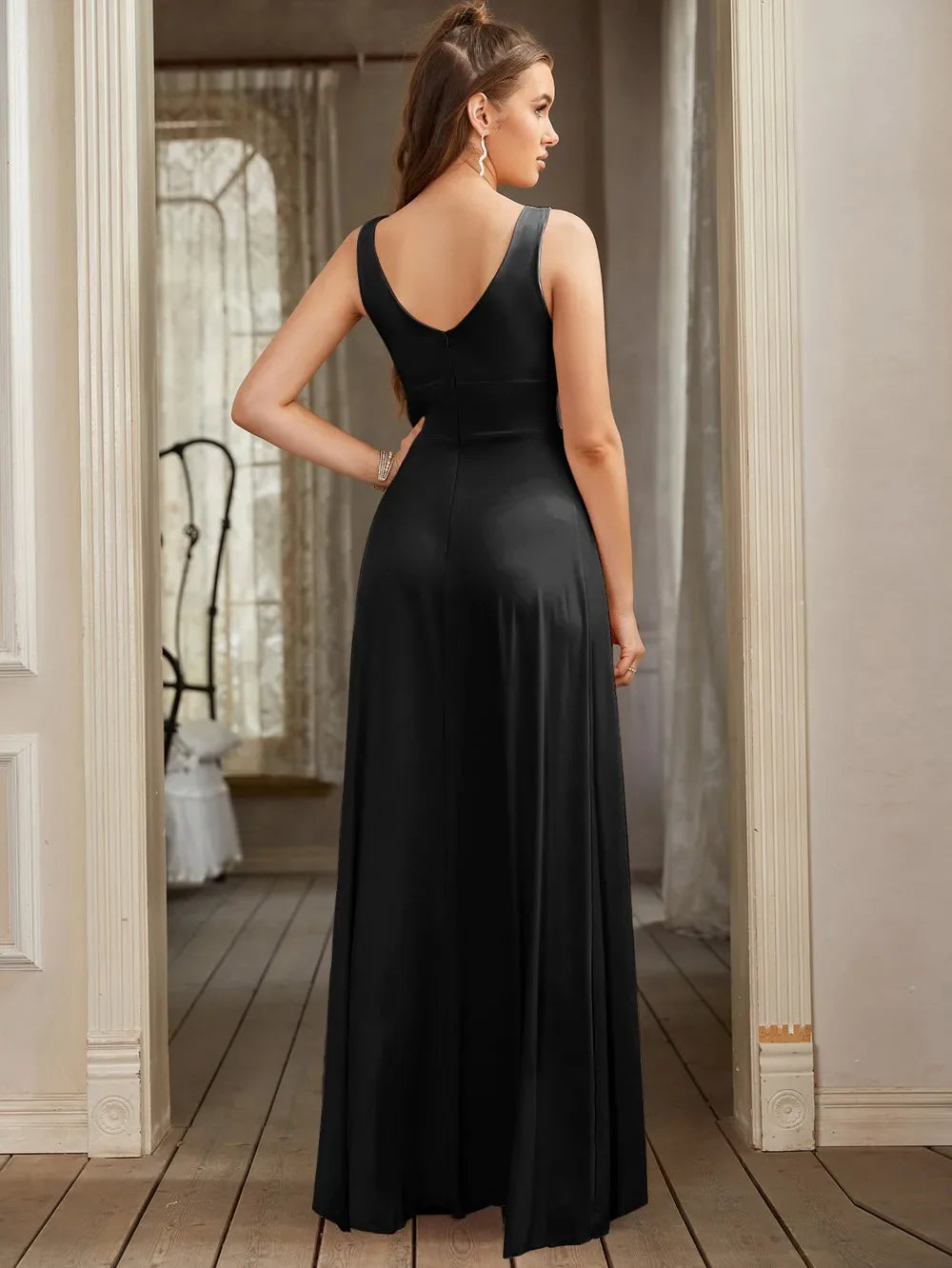Prom Dresses Split V Neck Bridesmaid Dress Elegant Women Wedding Party A Line Formal Dress Sleeveless Floor Length Birthday Gown