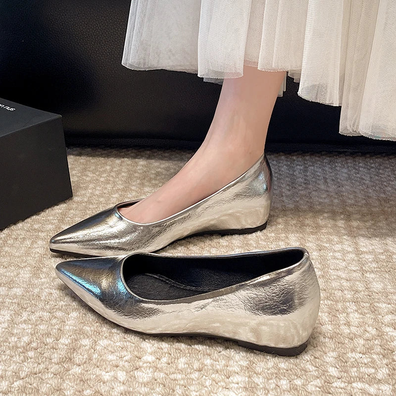 Fashionable low-heeled women's single shoes. Spring/Summer new style. Pointed toe office and commuting comfortable leather shoes