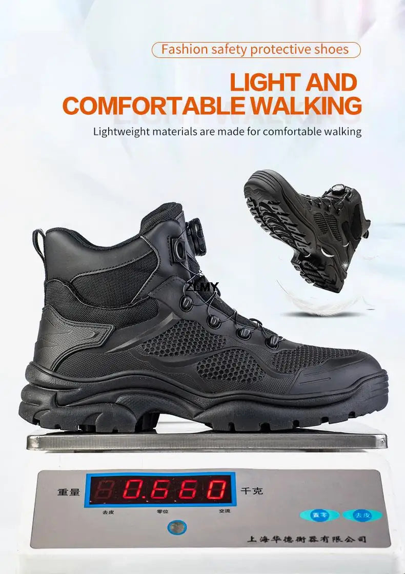 Construction Work Boots Men Steel Toe Safety Shoes Rotated Button Anti-smash Puncture Proof Sneakers Man High Top Security Boot