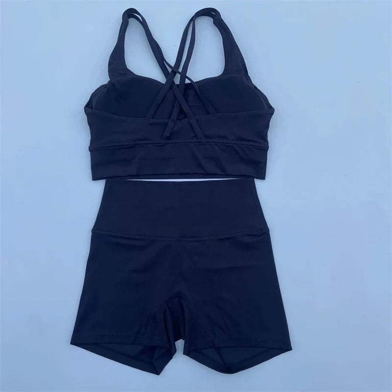 Solid Color soft gym Yoga Set short Legging +cross sport bra Tracksuit  Women Gym Suit Comprehensive Training Jogging Athletic