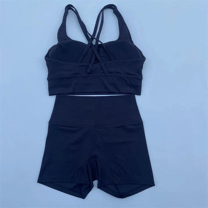 Solid Color soft gym Yoga Set short Legging +cross sport bra Tracksuit  Women Gym Suit Comprehensive Training Jogging Athletic