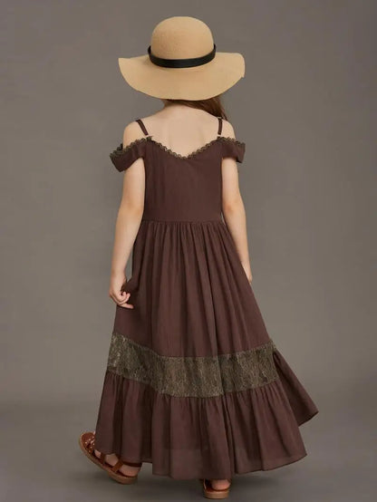 New Summer Strap Ruffle Girls Solid Color Slip Floor Long Dress Baby Kids Evening Party Dress Cloting for 4 6 7 8 10 12 Year