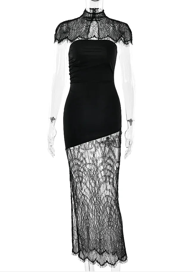 Black Lace Patchwork Strapless Dress Women Sexy Cape Shawl Waist Cinching Slim Mini Dresses Lady 2026 Evening Club Party Gowns