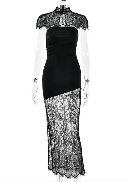 Black Lace Patchwork Strapless Dress Women Sexy Cape Shawl Waist Cinching Slim Mini Dresses Lady 2026 Evening Club Party Gowns