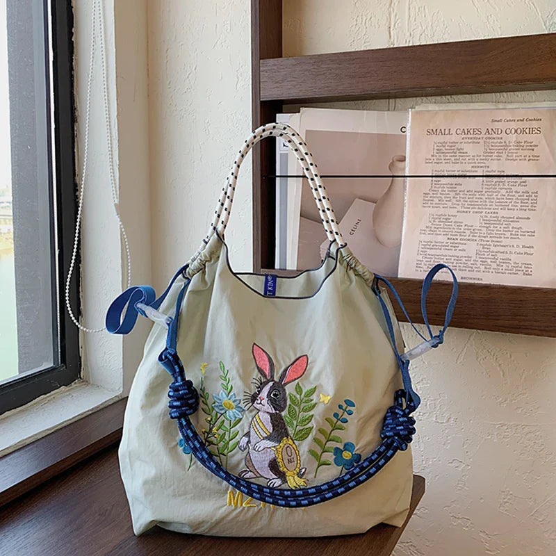 New Japanese-Style Embroidered Shopping Bag Rabbit Flower Women's Shoulder Bag Large Capacity Tote Bag Lightweight Foldable Storage Suitable for Commuting Travel Leisure Holiday Party Ethnic Style