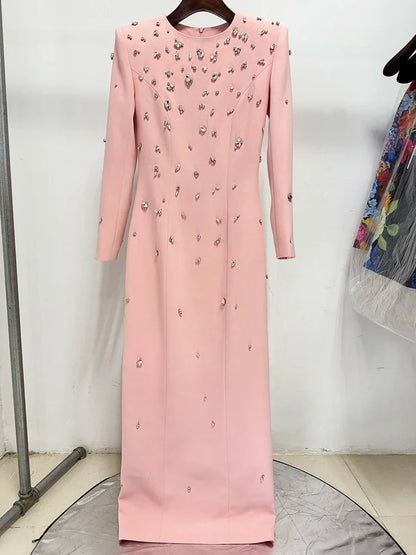 Designer Fashion Women's Rhinestone Diamonds Beaded Long Maxi Dress