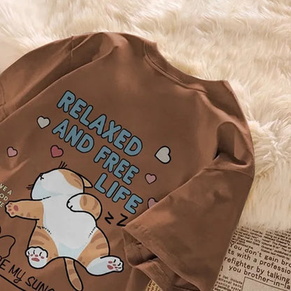 Cute Cartoon Lazy Cat Letter Print Summer Couple Short Sleeved T-shirt Loose Casual Women's Top