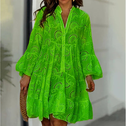 Summer Elegant Vintage Solid Lace Dress V-neck Loose Hollow Out Pattern Embroidery Vestidos Women Beach Sexy Mini White Dresses