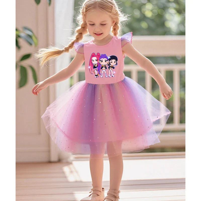 Baby Girls Dress Children Cartoon Mesh Star Sequins Princess Dress Kids Flying Sleeve Skirt For Birthday Gift