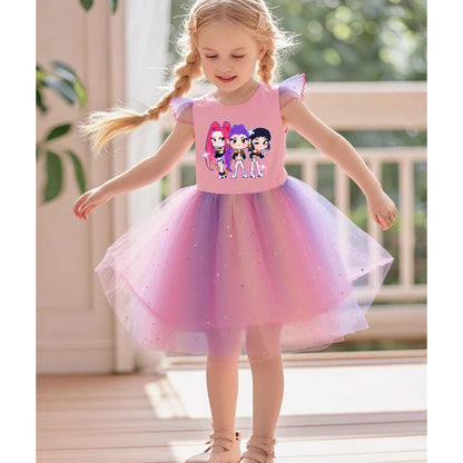 Baby Girls Dress Children Cartoon Mesh Star Sequins Princess Dress Kids Flying Sleeve Skirt For Birthday Gift