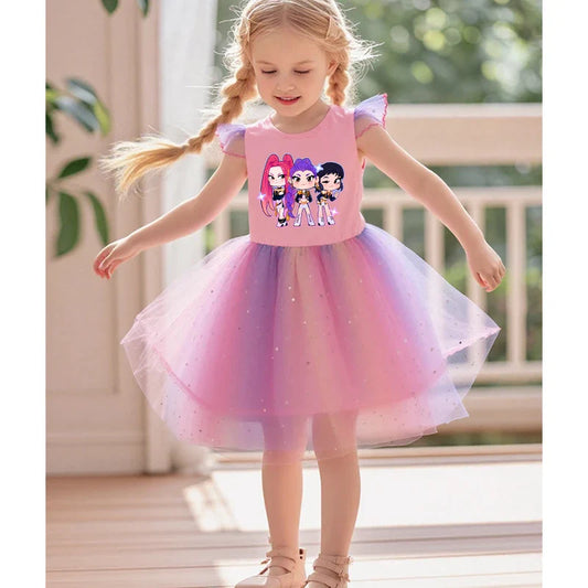 Baby Girls Dress Children Cartoon Mesh Star Sequins Princess Dress Kids Flying Sleeve Skirt For Birthday Gift