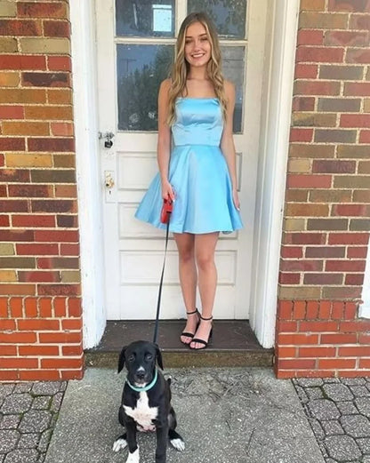 Short Homecoming Dresses for Teens With Pockets Spaghetti Straps Satin Prom Dress for Women A-line Knee Length Party Dress