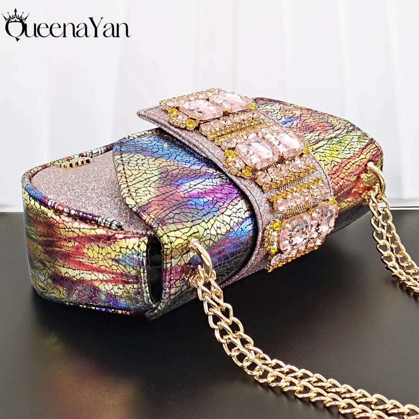 Fashion Mature  Brushed Style Rainbow Color Rhinestone Decoration Design Party Wedding Lady High Heels and Bag Set