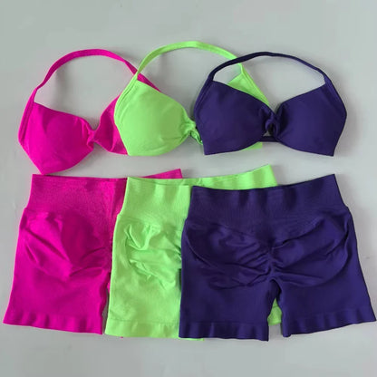 Impact Womens 2 Piece Yoga Set Strappy Seamless Sports Bra and High Waist Scrunch Shorts for Gym Workout and Fitness Training