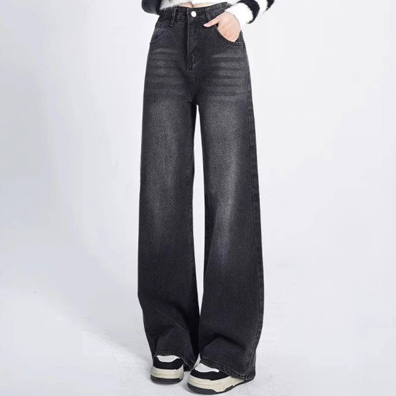 Woman High Waist Jeans Lady Slim Fit Loose Denim Wide Leg Pants