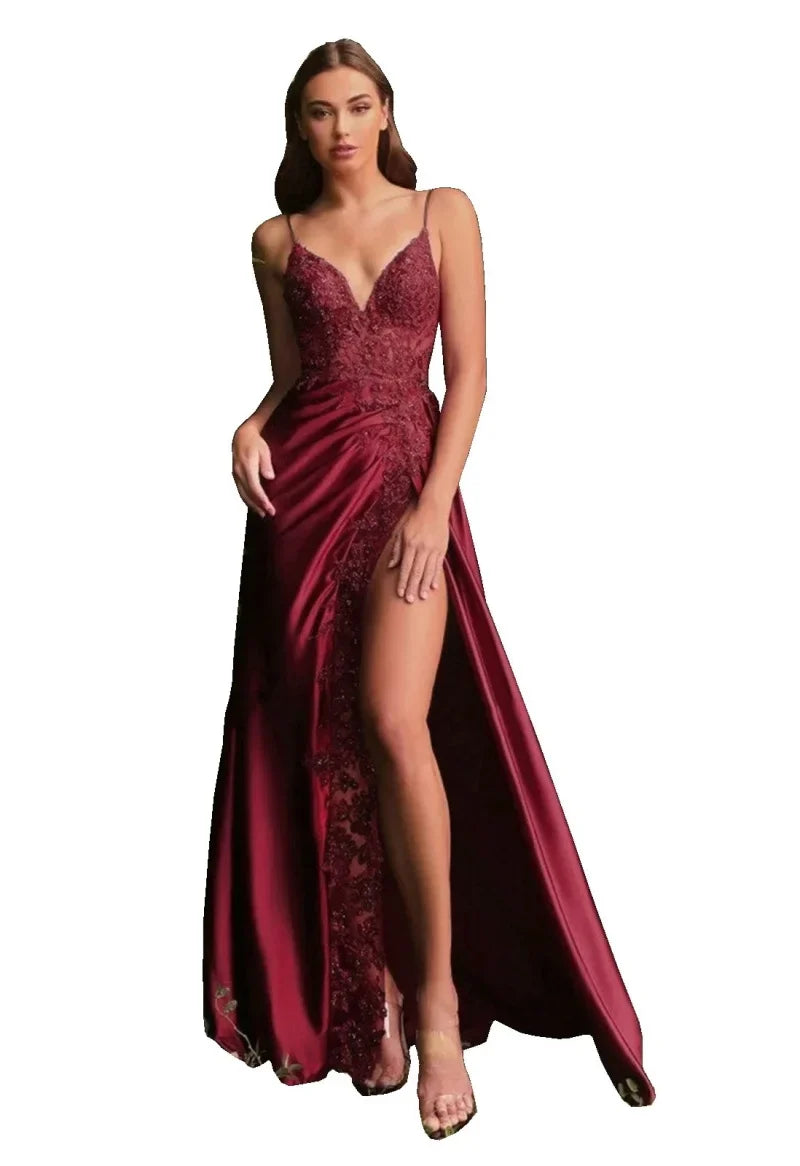 Women's Satin Appliques Prom Dresses with High Slit V Neck Mermaid Evening Gown Formal Party Dress