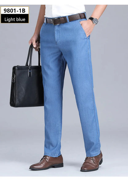 2024 New Men's Summer Thin Jeans Loose Stretch Large Size Ice Silk Straight Pants Elite Business Casual Pants Smoke Gray Blue
